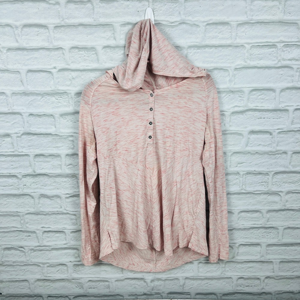 Columbia Womens Large Pink Cotton Blend Space Dye Henley Hooded Pullover Top